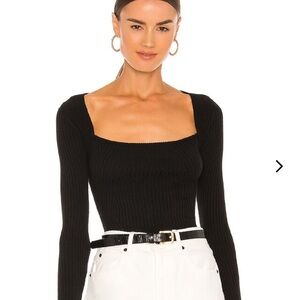Lovers + Friends Black Ribbed Square Neck Top Tie Back
